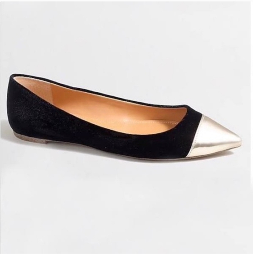 J.Crew Amelia Black Velvet gold metallic Point Flats 8